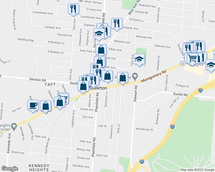 map of restaurants, bars, coffee shops, grocery stores, and more near 7335 Montgomery Road in Silverton