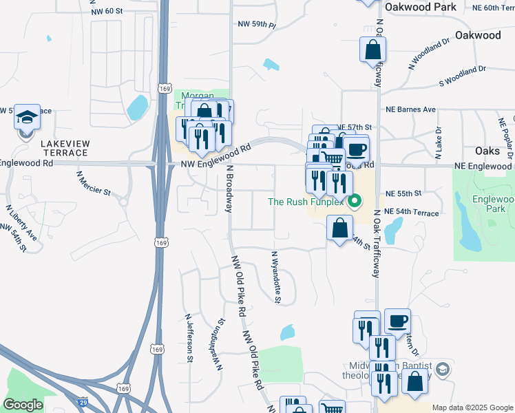 map of restaurants, bars, coffee shops, grocery stores, and more near 5407 North Central Street in Kansas City