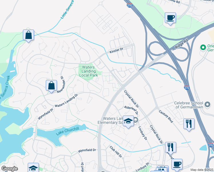 map of restaurants, bars, coffee shops, grocery stores, and more near 20565 Shadyside Way in Germantown