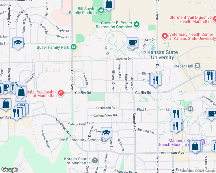map of restaurants, bars, coffee shops, grocery stores, and more near 1411 Hillcrest Drive in Manhattan