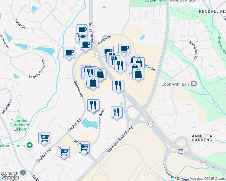 map of restaurants, bars, coffee shops, grocery stores, and more near 8910 Stanford Boulevard in Columbia