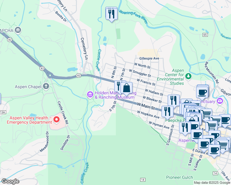 map of restaurants, bars, coffee shops, grocery stores, and more near 814 West Main Street in Aspen