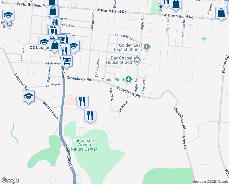 map of restaurants, bars, coffee shops, grocery stores, and more near 5674 Folchi Drive in Cincinnati