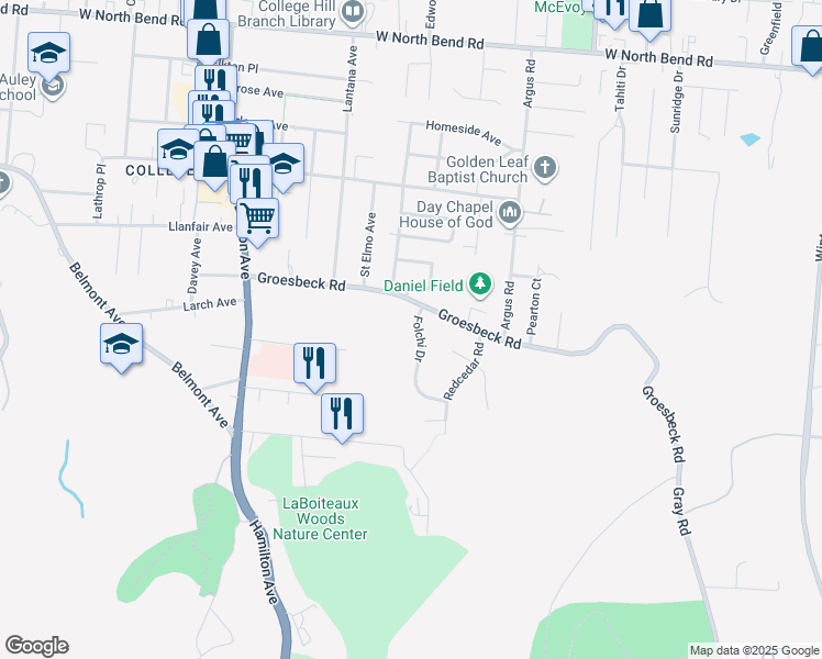 map of restaurants, bars, coffee shops, grocery stores, and more near 1203 Groesbeck Road in Cincinnati