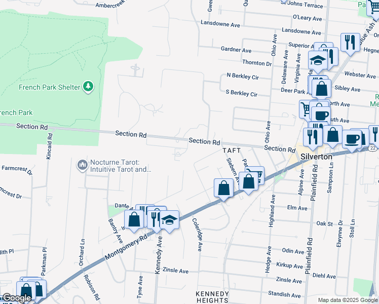 map of restaurants, bars, coffee shops, grocery stores, and more near 3581 Amberacres Drive in Cincinnati
