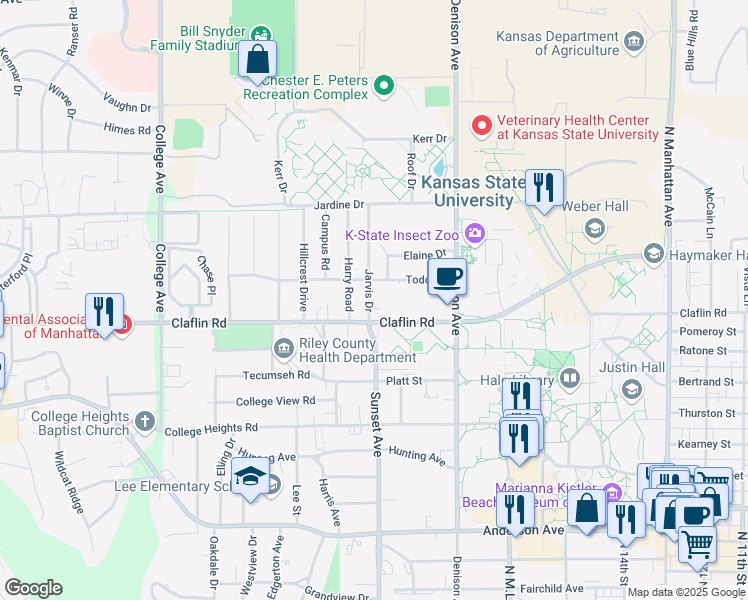 map of restaurants, bars, coffee shops, grocery stores, and more near 1412 Jarvis Drive in Manhattan