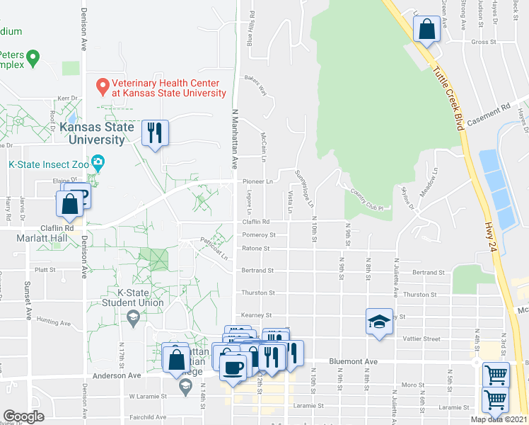 map of restaurants, bars, coffee shops, grocery stores, and more near 1433 McCain Lane in Manhattan
