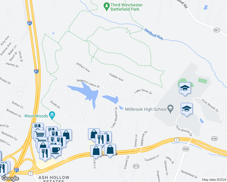 map of restaurants, bars, coffee shops, grocery stores, and more near 103 Cluseret Court in Winchester