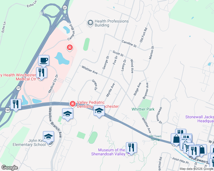 map of restaurants, bars, coffee shops, grocery stores, and more near 225 Myrtle Avenue in Winchester