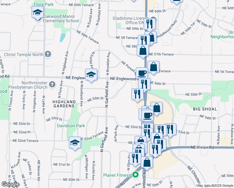 map of restaurants, bars, coffee shops, grocery stores, and more near Northeast Scandia Lane in Kansas City