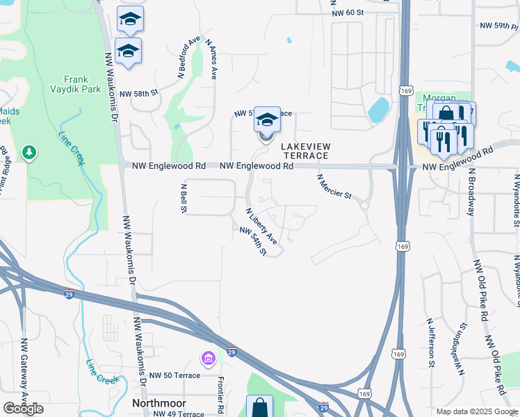 map of restaurants, bars, coffee shops, grocery stores, and more near 5418 North Fairmount Avenue in Kansas City