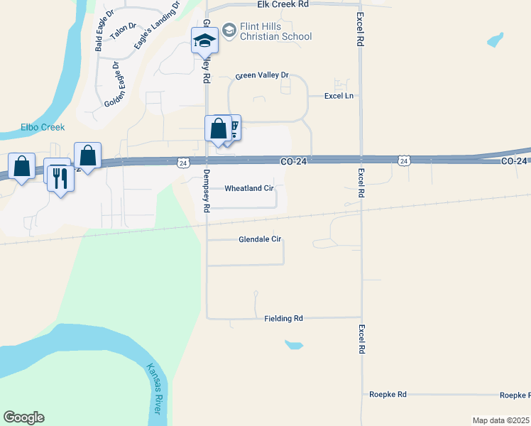 map of restaurants, bars, coffee shops, grocery stores, and more near 8950 Wheatland Circle in Manhattan
