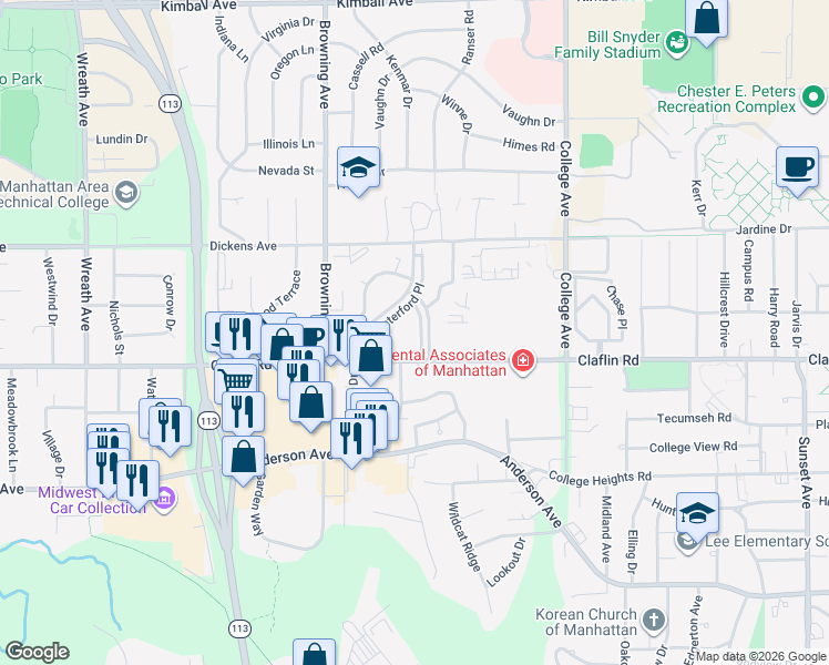 map of restaurants, bars, coffee shops, grocery stores, and more near 1401 Monticello Drive in Manhattan