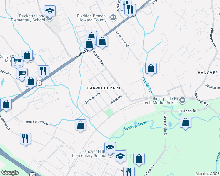 map of restaurants, bars, coffee shops, grocery stores, and more near 6406 Euclid Avenue in Elkridge