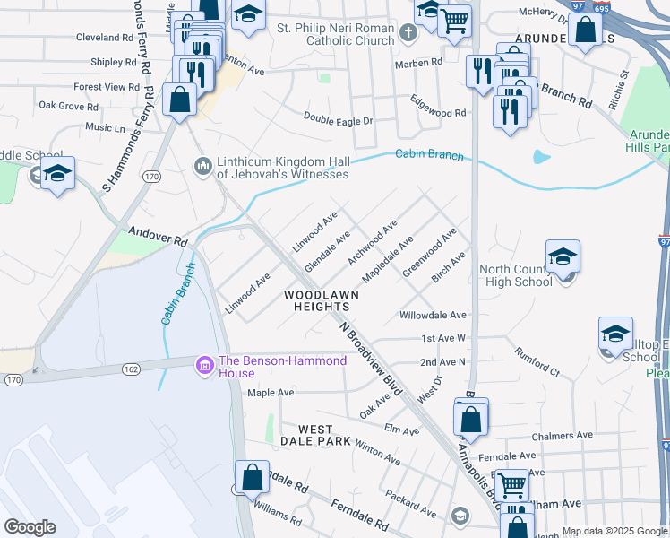 map of restaurants, bars, coffee shops, grocery stores, and more near 50 Archwood Avenue in Glen Burnie
