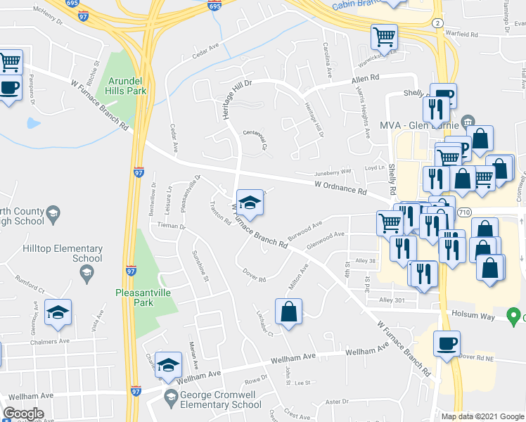 map of restaurants, bars, coffee shops, grocery stores, and more near 615 West Furnace Branch Road in Glen Burnie