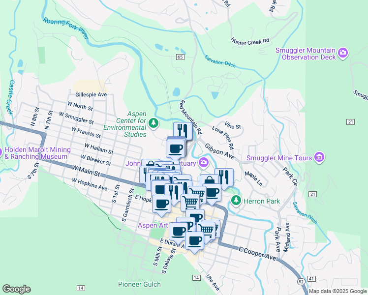 map of restaurants, bars, coffee shops, grocery stores, and more near 410 North Mill Street in Aspen
