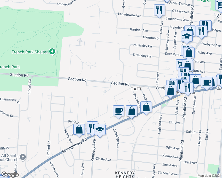 map of restaurants, bars, coffee shops, grocery stores, and more near 3581 Amberacres Drive in Cincinnati