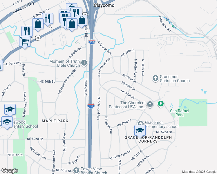map of restaurants, bars, coffee shops, grocery stores, and more near 7709 Northeast 54th Street in Kansas City