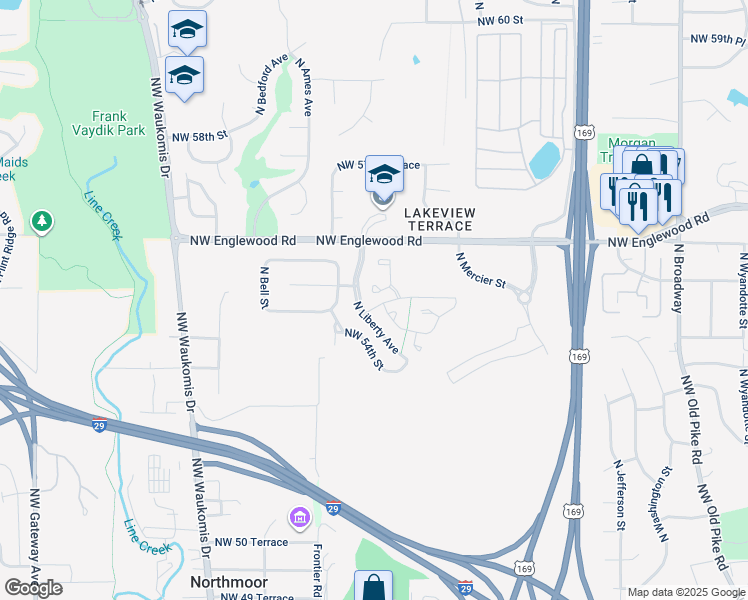 map of restaurants, bars, coffee shops, grocery stores, and more near 5418 North Fairmount Avenue in Kansas City