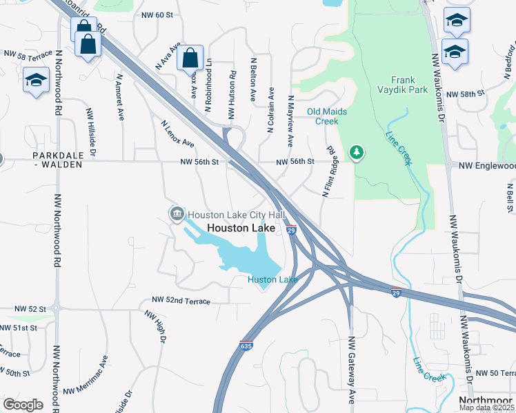 map of restaurants, bars, coffee shops, grocery stores, and more near 5428 North Houstolake Drive in Kansas City