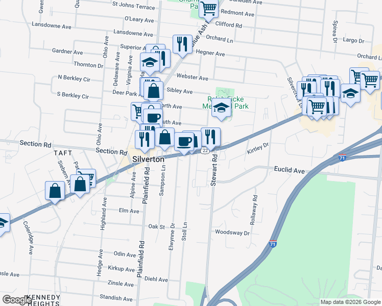 map of restaurants, bars, coffee shops, grocery stores, and more near 7421 Montgomery Road in Cincinnati