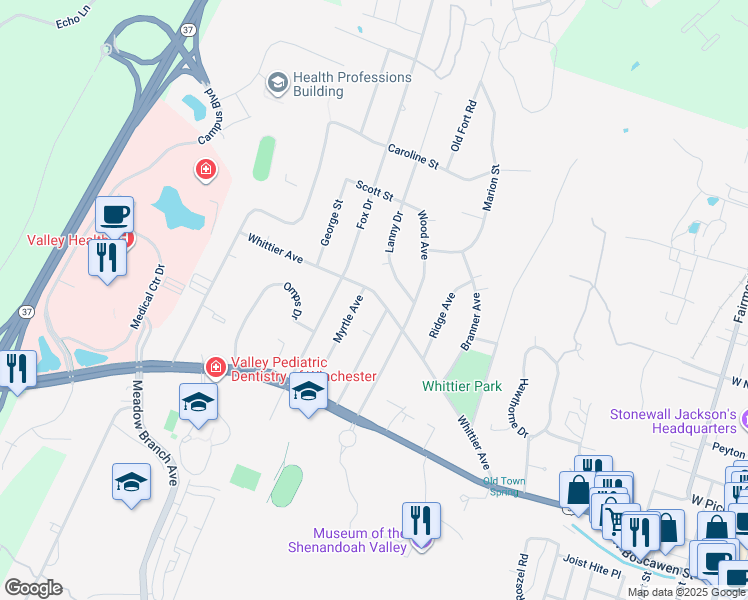 map of restaurants, bars, coffee shops, grocery stores, and more near 1309 Whittier Avenue in Winchester