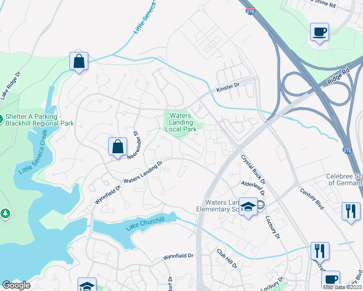 map of restaurants, bars, coffee shops, grocery stores, and more near 13213 Whitechurch Circle in Germantown