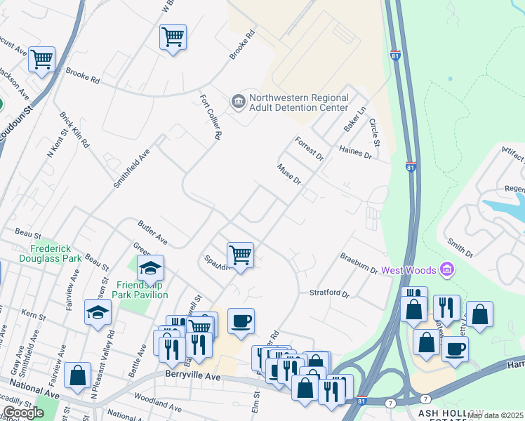 map of restaurants, bars, coffee shops, grocery stores, and more near 124 Early Drive in Winchester
