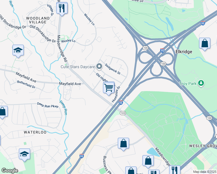 map of restaurants, bars, coffee shops, grocery stores, and more near 6408 Friar Tuck Court in Elkridge