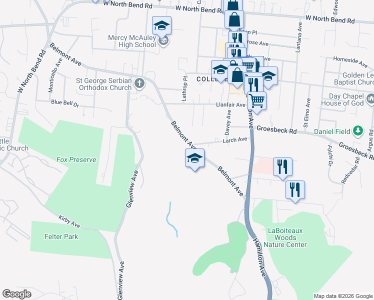 map of restaurants, bars, coffee shops, grocery stores, and more near 5691 Belmont Avenue in Cincinnati