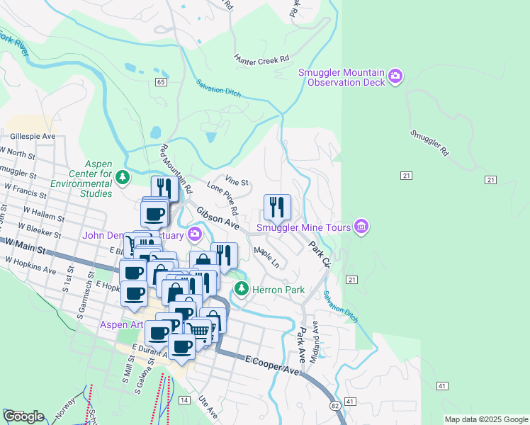 map of restaurants, bars, coffee shops, grocery stores, and more near 516 Spruce Street in Aspen