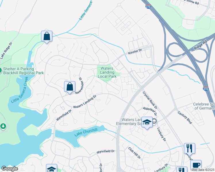 map of restaurants, bars, coffee shops, grocery stores, and more near 13213 Whitechurch Circle in Germantown