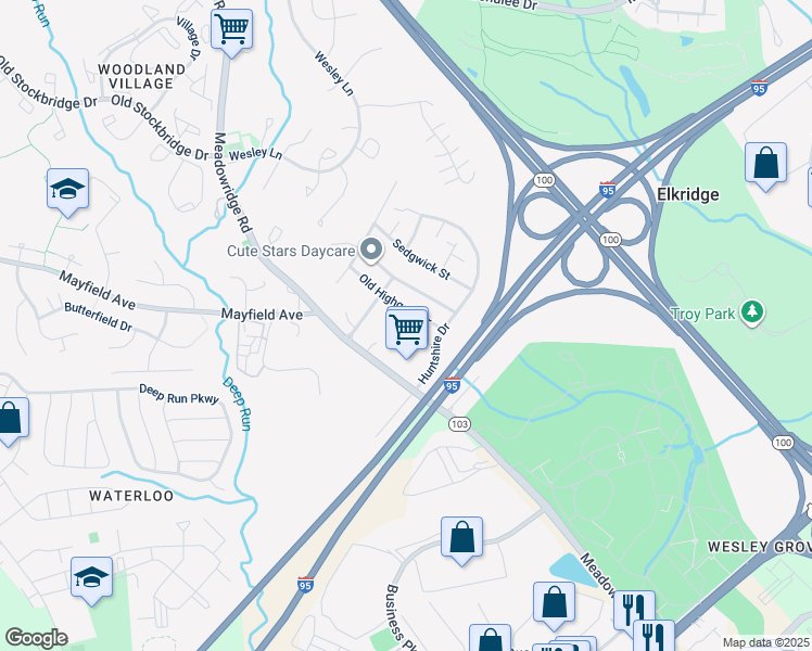 map of restaurants, bars, coffee shops, grocery stores, and more near 6408 Friar Tuck Court in Elkridge