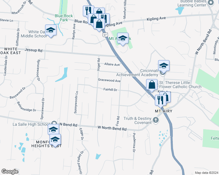 map of restaurants, bars, coffee shops, grocery stores, and more near 2632 Fairhill Drive in Cincinnati