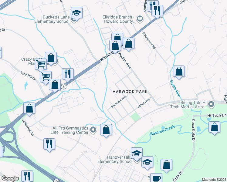map of restaurants, bars, coffee shops, grocery stores, and more near 6377 Woodburn Avenue in Elkridge
