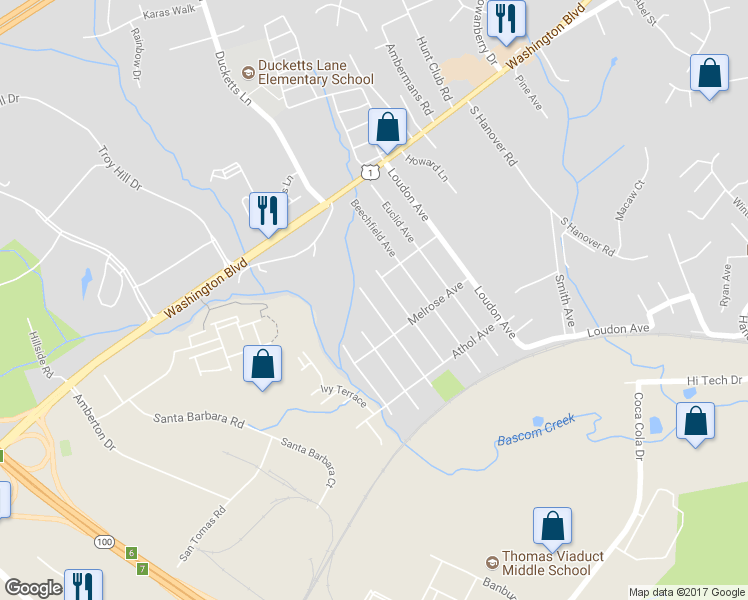 map of restaurants, bars, coffee shops, grocery stores, and more near 6377 Woodburn Avenue in Elkridge