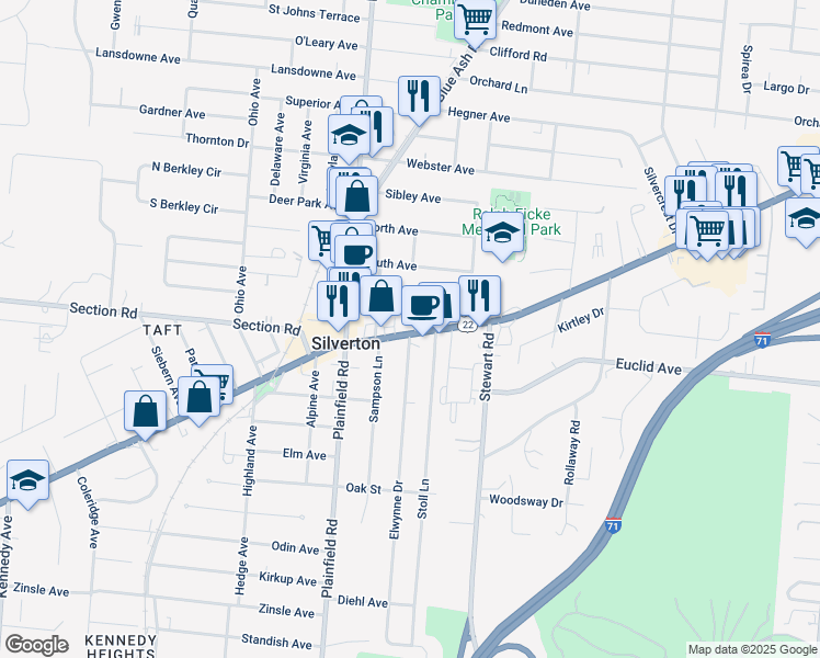 map of restaurants, bars, coffee shops, grocery stores, and more near 7414 Montgomery Road in Silverton