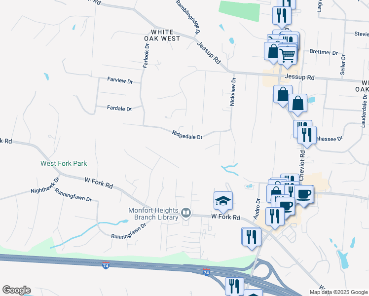 map of restaurants, bars, coffee shops, grocery stores, and more near 3849 Ridgedale Drive in Cincinnati