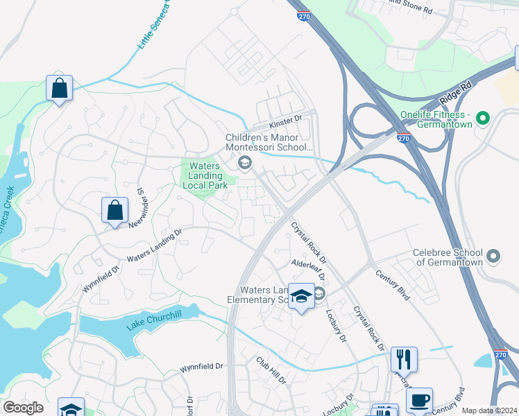 map of restaurants, bars, coffee shops, grocery stores, and more near 13115 Shadyside Lane in Germantown