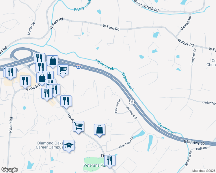map of restaurants, bars, coffee shops, grocery stores, and more near 5456 Lakefront Drive in Cincinnati