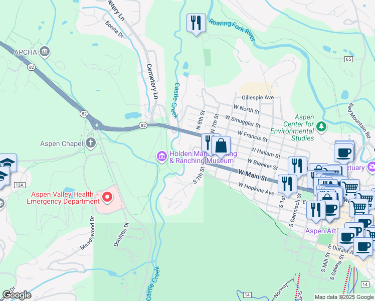 map of restaurants, bars, coffee shops, grocery stores, and more near 835 West Main Street in Aspen
