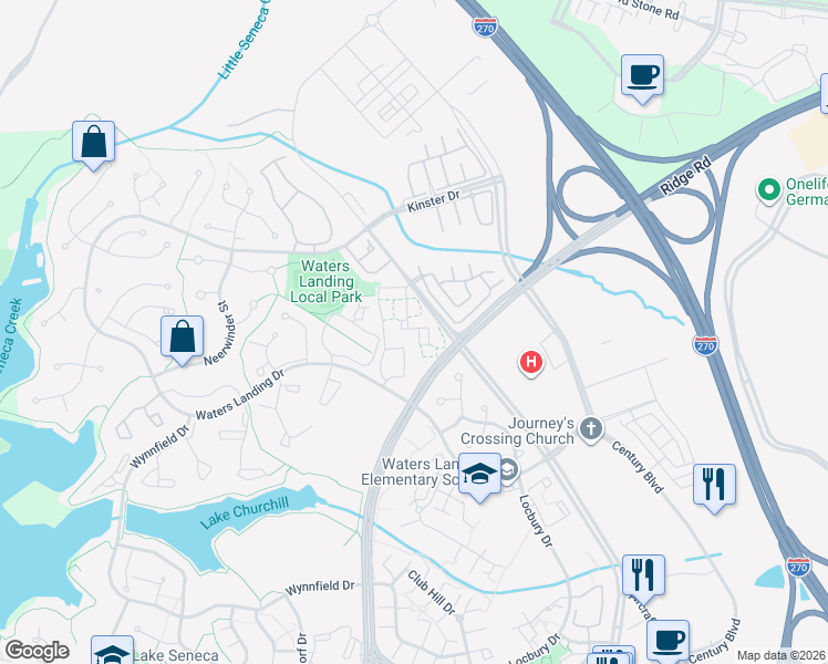map of restaurants, bars, coffee shops, grocery stores, and more near 13113 Shadyside Lane in Germantown