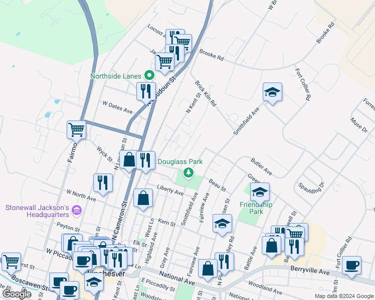 map of restaurants, bars, coffee shops, grocery stores, and more near 635 Watson Avenue in Winchester