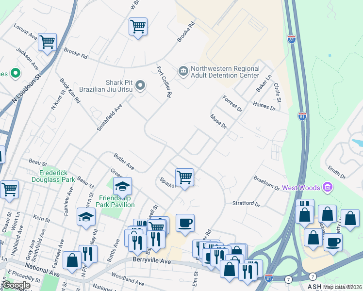 map of restaurants, bars, coffee shops, grocery stores, and more near 101 Longstreet Avenue in Winchester