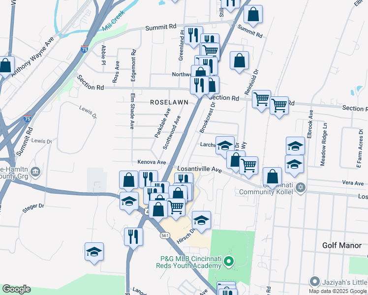 map of restaurants, bars, coffee shops, grocery stores, and more near 7224 Reading Road in Cincinnati