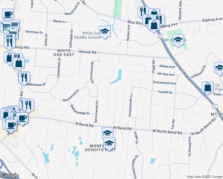 map of restaurants, bars, coffee shops, grocery stores, and more near 5636 Hickory Ridge Lane in Cincinnati
