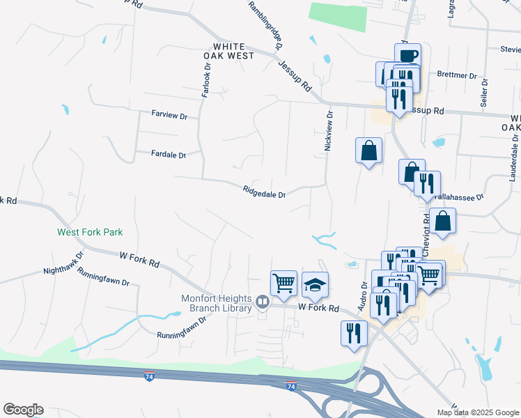 map of restaurants, bars, coffee shops, grocery stores, and more near 3849 Ridgedale Drive in Cincinnati