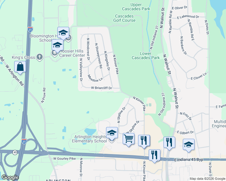 map of restaurants, bars, coffee shops, grocery stores, and more near 2915 North Kinser Pike in Bloomington