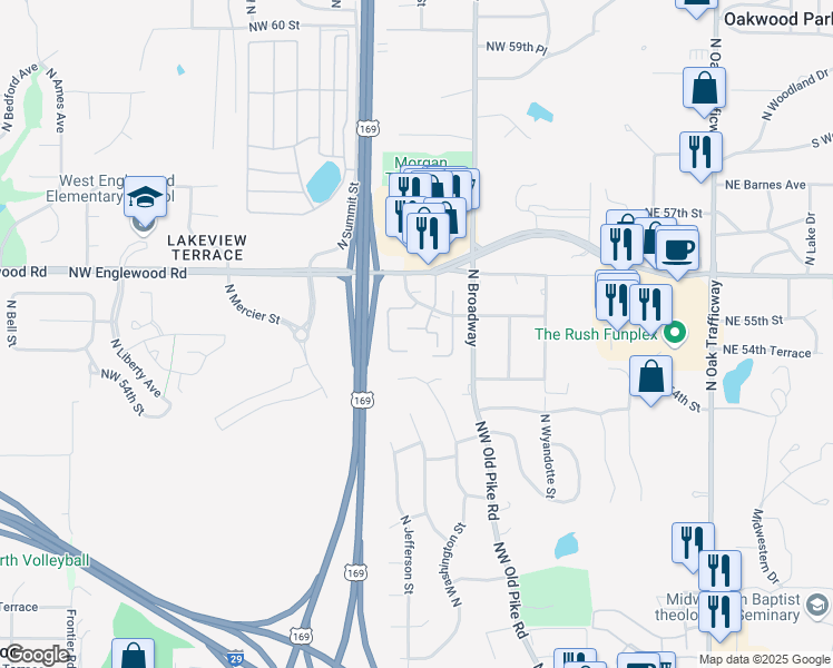 map of restaurants, bars, coffee shops, grocery stores, and more near 553 Northwest 55th Terrace in Kansas City